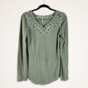 Free People Olive Boho Cutout Blouse - M